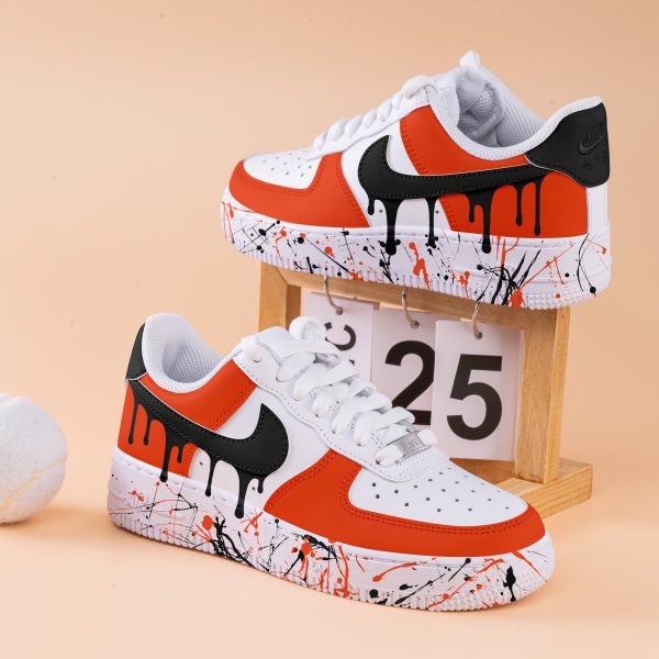 Orange Splash Air Force One Hand Painted Black Drip Air Force 1 Custom Splash Drips Sneakers Orange And Black AF1 Sneakers Wedding Shoes