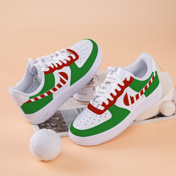 Cane Candy Christmas Air Force One Hand Painted Christmas Art Sneakers Custom Christmas AF1 Sneakers Red Green Painted Shoes Christmas Gifts