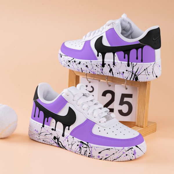 Purple Splash Air Force One Hand Painted Black Drops Air Force 1 Custom Splash Drips Sneakers Purple And Black AF1 Sneakers Birthday Gifts